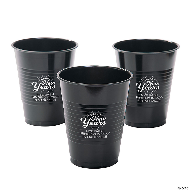 Happy New Year Printed Plastic Cups - Black, Silver, Gold -25ct - POP!  Party Supply