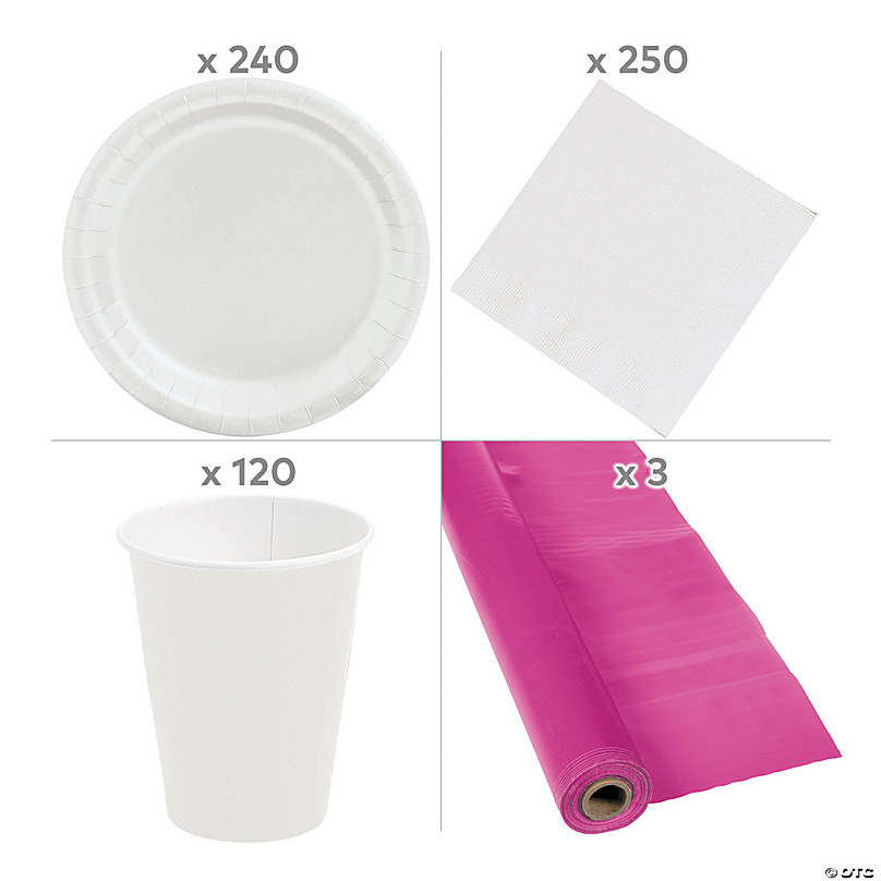 Bulk Hot Pink & White Disposable Tableware Kit for 48 Guests