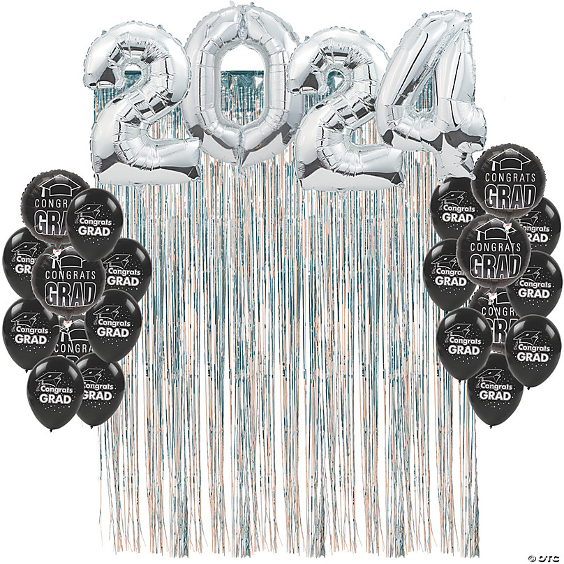 2024 Graduation Decorations silver and blake, Graduation Party Decorations,  Silver Black 2024 Foil Balloons, Paper Streamers Pom Poms Flowers Paper