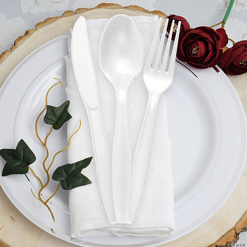 White Disposable Plastic Cutlery Set with Napkin - Fork, Soup Spoon, Knife,  Teaspoon, Napkin