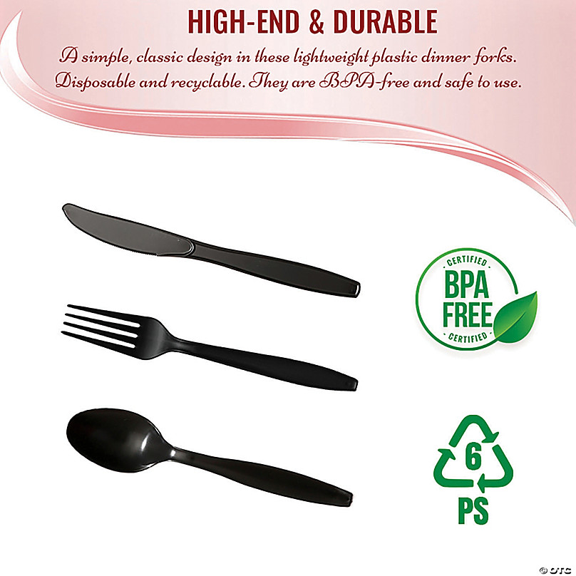 600 Pc. Black Disposable Plastic Cutlery Set - Spoons, Forks and Knives  (200 Guests)