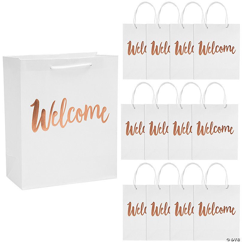 Medium White Floral Paper Gift Bags with Tag - 12 Pc.