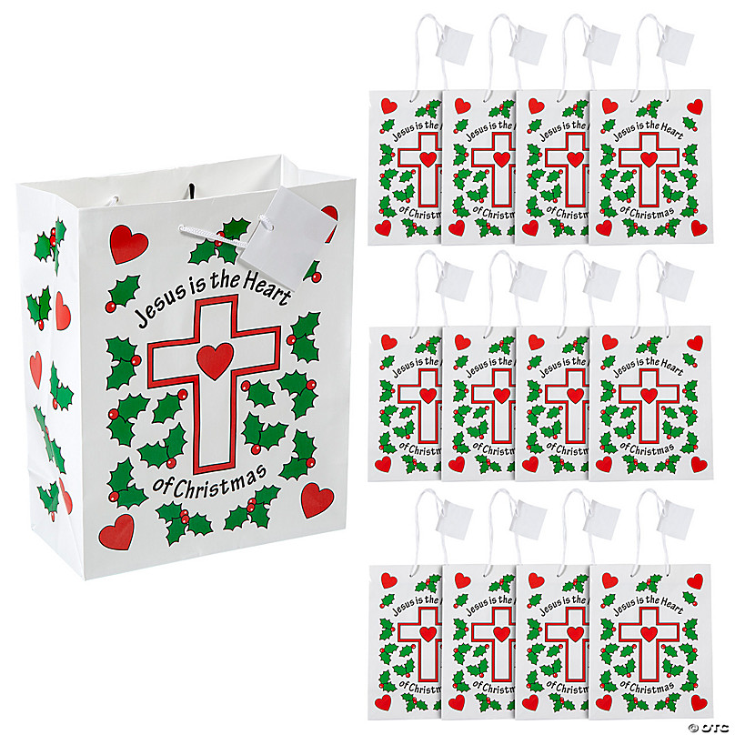 7 1/4 x 9 Medium Red & White Nordic Print Kraft Paper Gift Bags - 12 Pc.