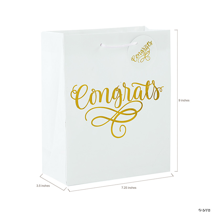 7 1/2 x 9 Medium Welcome White Paper Gift Bags with Rose Gold Foil - 12  Pc.