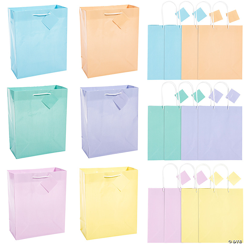 7 1/4 x 9 Medium Pastel Paper Gift Bags with Tags - 12 Pc.