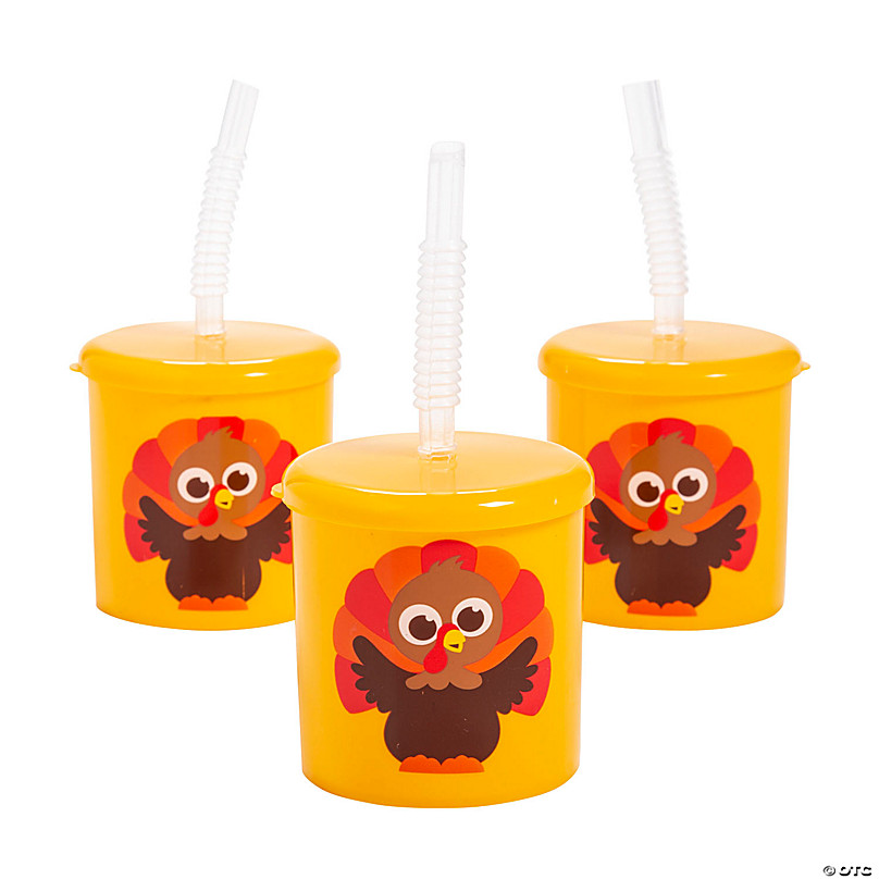 7 oz. Kids' Turkey Reusable BPA-Free Plastic Cups with Lids & Straws - 12  Ct.
