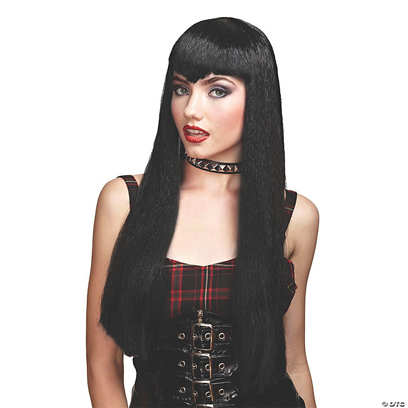 Adults Black Long with Bangs Vamp Wig