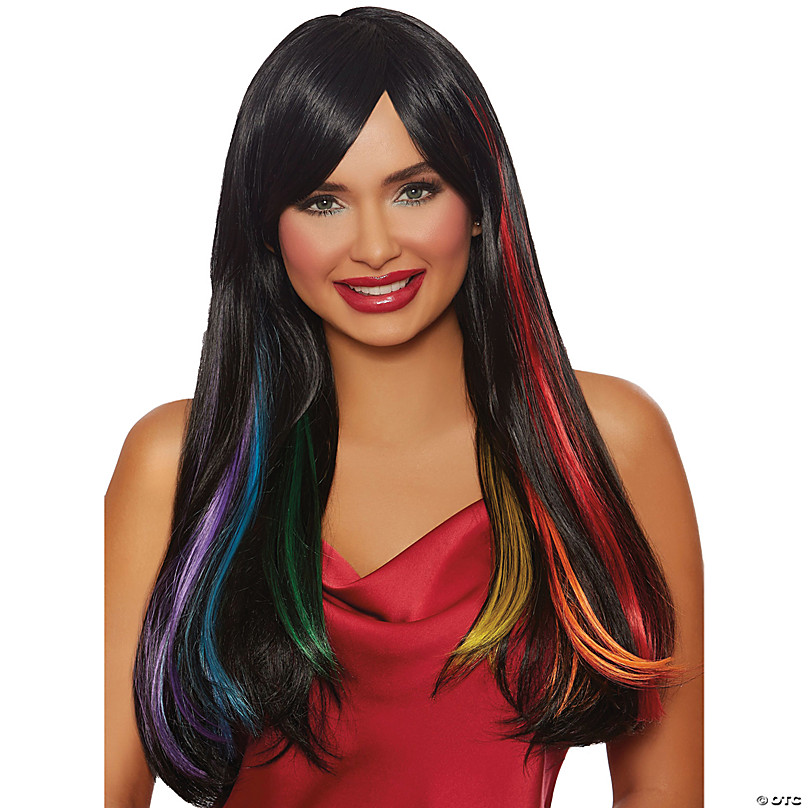 Adults Brown Long Straight Wig with Hidden Rainbow Oriental Trading