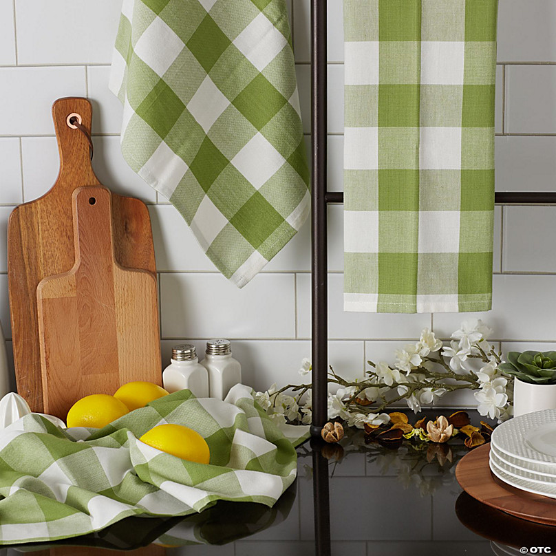 Set of 3 Antique Green & White Buffalo Check Dish Towel, 30