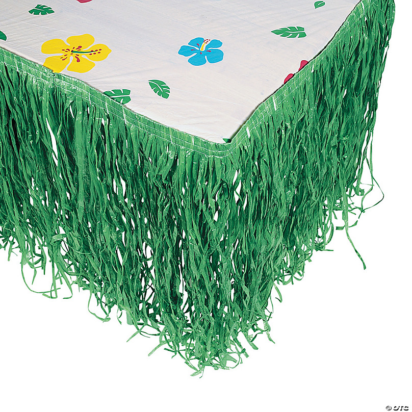 Luau Table Skirt,Hawaiian Luau Hibiscus Grass Table Skirting 9.6 Ft with 26 Faux Silk Flowers,Artificial Grass Table Cover Skirts for Beach Picnic BBQ Tropical Garden Beach Summer Tiki Party Green 