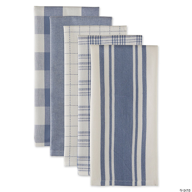 Set of 5 Assorted Stonewash Blue & White Everyday Dish Towel, 28