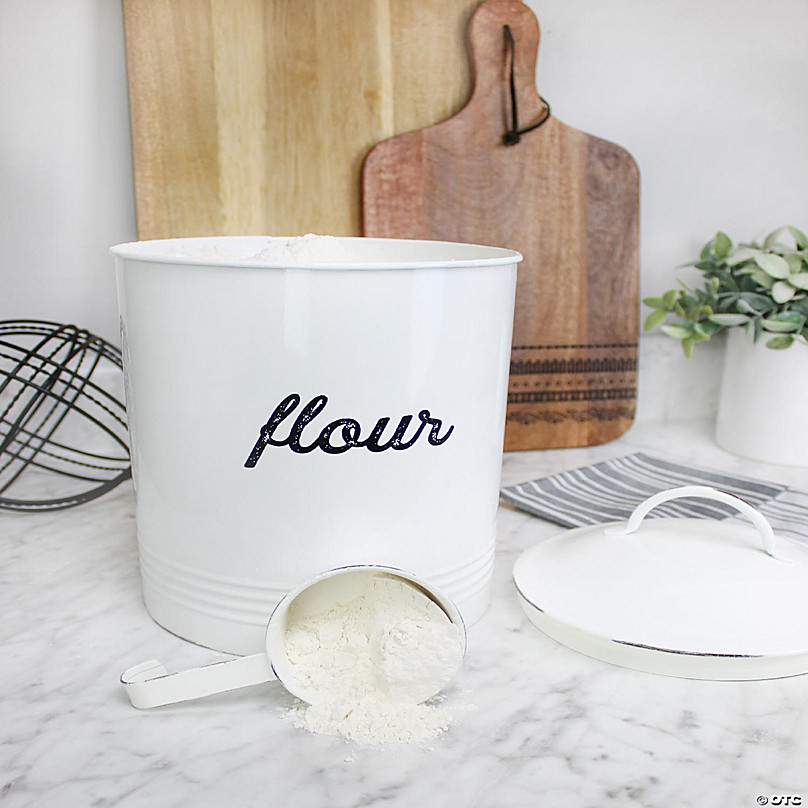 AuldHome Enamelware White Flour Canister; Rustic Distressed Style Staples  Storage for Kitchen