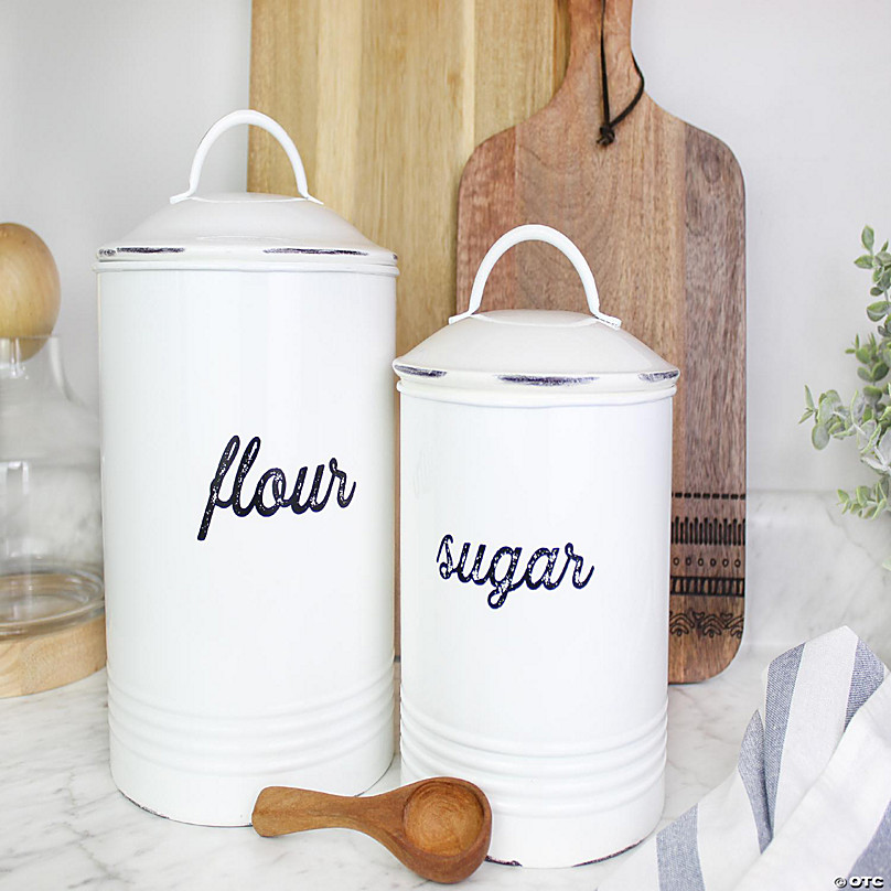 AuldHome Enamelware White Flour Canister; Rustic Distressed Style Staples  Storage for Kitchen