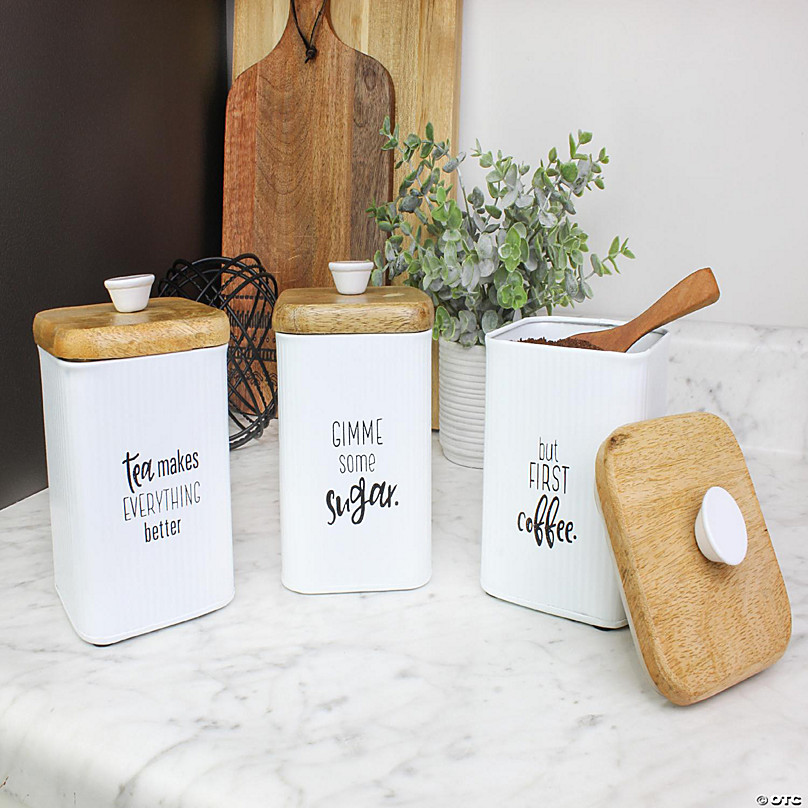 AuldHome Farmhouse Black Enamelware Canisters (Set of 3); Storage  Containers for Coffee, Tea and Sugar in Black Enamel and Wood Design 
