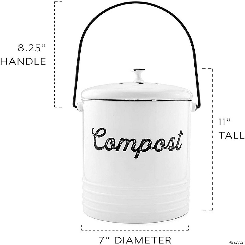 AuldHome White Enamelware Compost Bin, Farmhouse Can Set with Lid and Charcoal  Filters, 1.3 Gallon