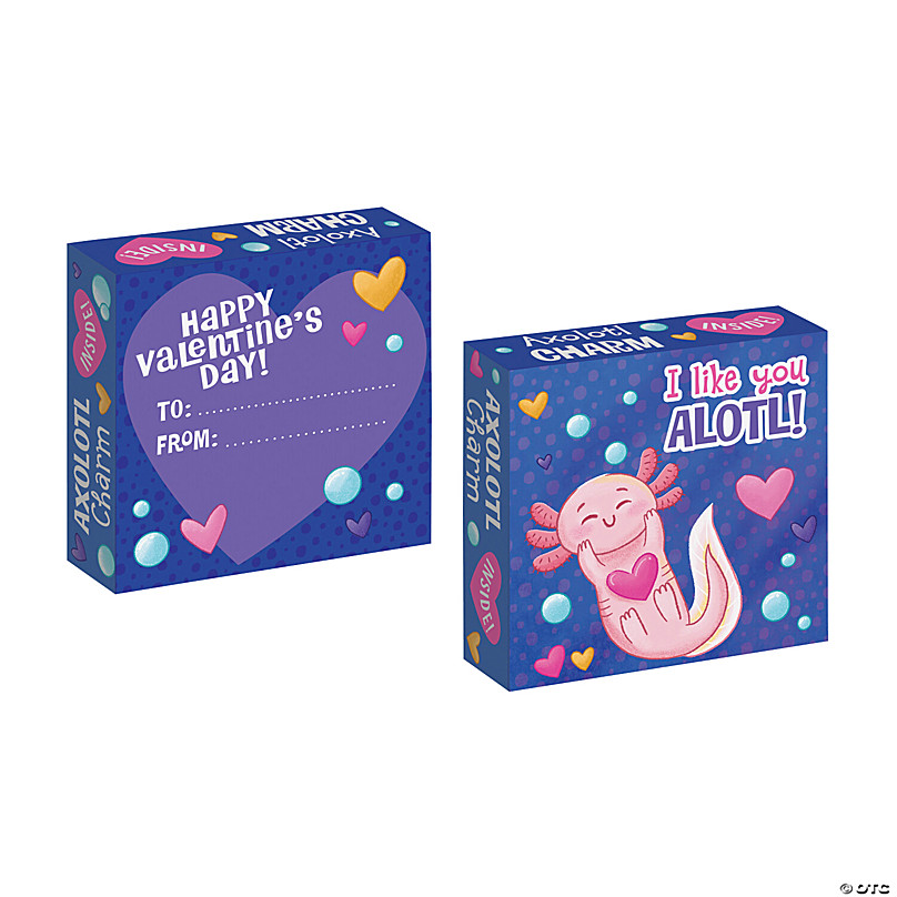 Axolotl Valentines with Charms: Set of 28 Mini Boxes