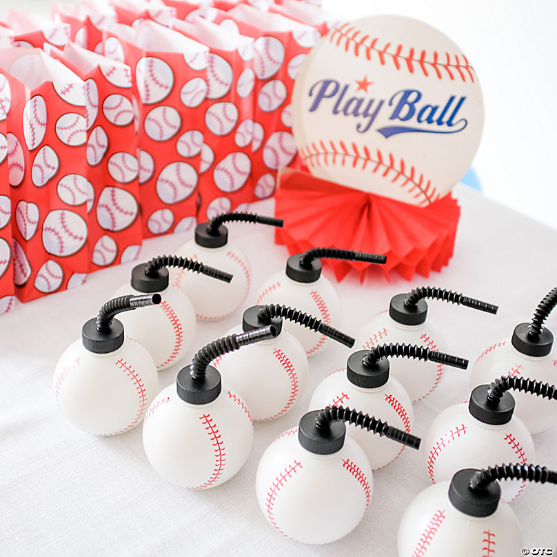 Baseball Shaped Cups with Lids and Straws - Set of 8, Each Holds 6 oz- Sports Party Supplies