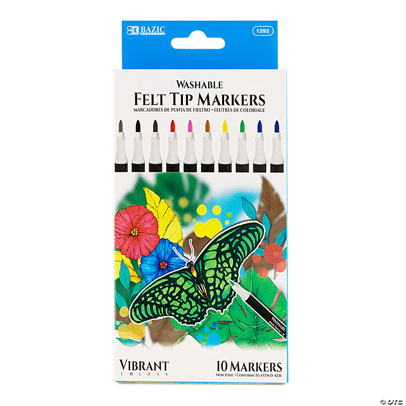 BAZIC Products Felt Tip Washable Markers, 10 Colors, 10 Per pack, 12 Packs