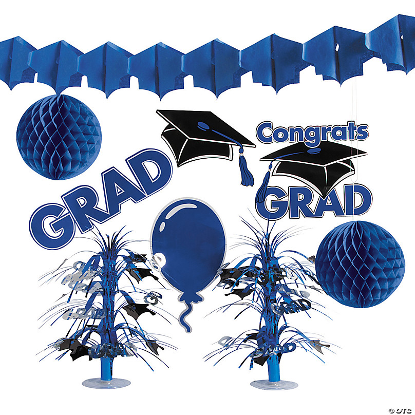 Details about   Graduation Party Supplies Blue and Silver CONGRATS GRAD Banner Paper Pompoms、 