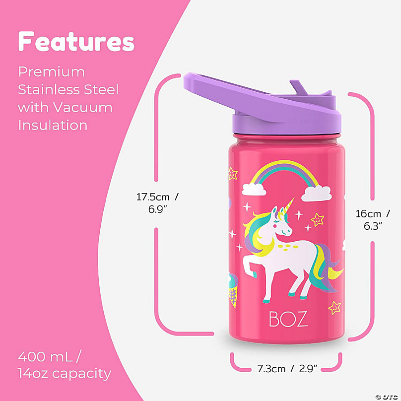 BOZ Kids Insulated Water Bottle with Straw Lid, Stainless Steel, (Unicorn)