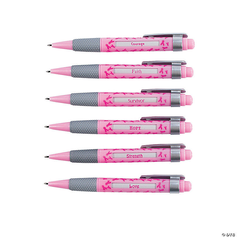 New Lot of 6 Breast Cancer Awareness Clear With Pink Ribbon & Grip Click Pens 