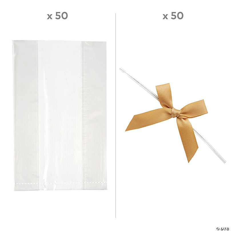100 PC Bulk Medium Clear Cellophane Bags with Gold Bow Kit