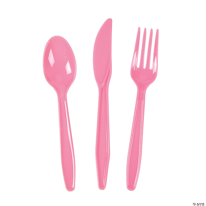 240ct Silver with Pink Handle Moderno Disposable Plastic Cutlery Set Spoons, Forks and Knives (240 Guests)