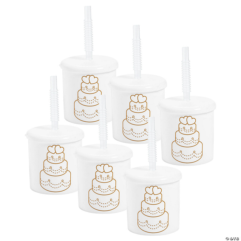 Fun Express Kids Wedding Cake Reusable Plastic Cups with Lids & Straws - 12 ct, White