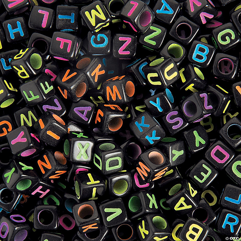 100 Black with Neon Color Assorted Alphabet Letter Cube Pony Beads