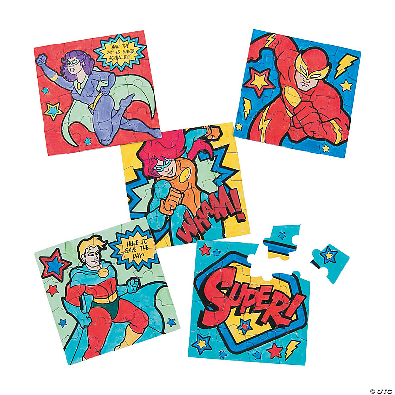Bulk 50 Pc. Color Your Own Superhero Mini Jigsaw Puzzles