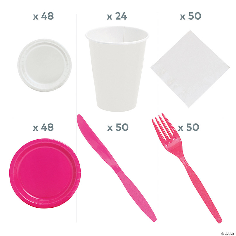 Bulk Hot Pink & White Disposable Tableware Kit for 48 Guests