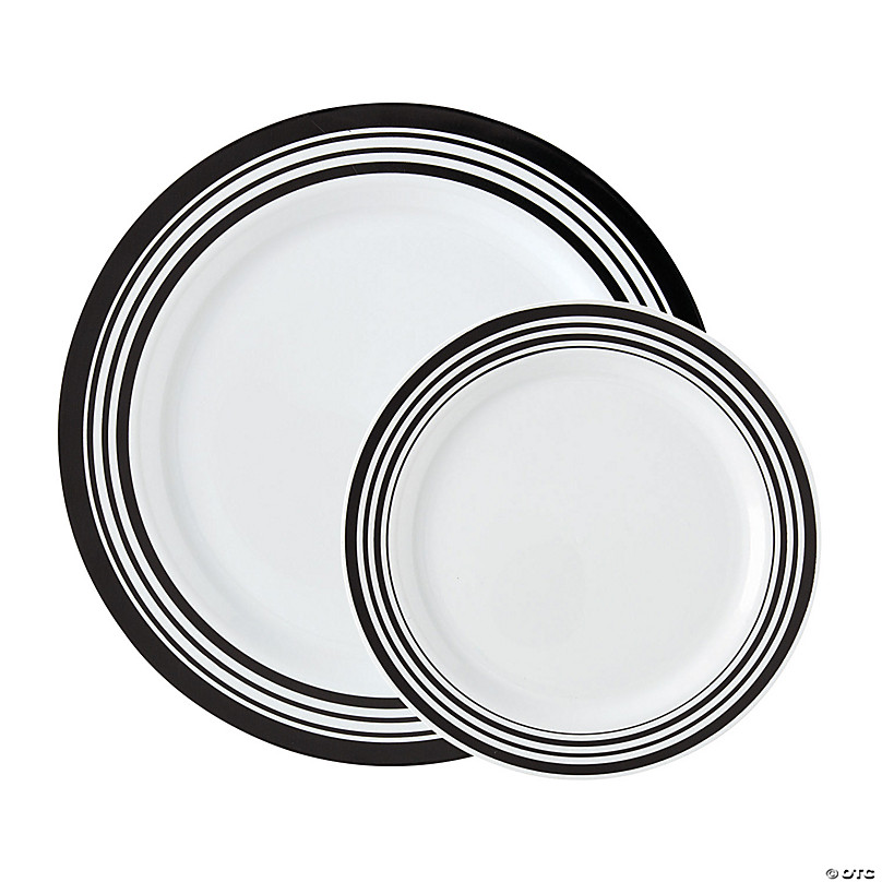 Bulk Premium White Plastic Plates With Black And White Trim 100 Ct ~14092180 A01 