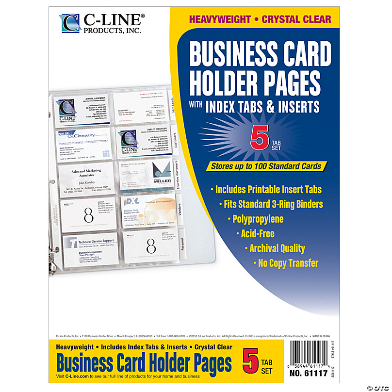 C-Line Business Card Holder, Poly with Tabs, Holds 20 Cards/Page, 11 inch x 8-1/2 inch, 5 per Pack, 5 Packs, Clear