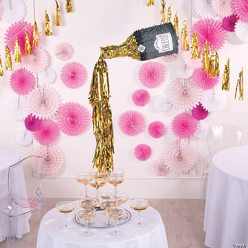 Champagne Bottle Party Pinata with Gold Foil (Pink, White, 16.5 x