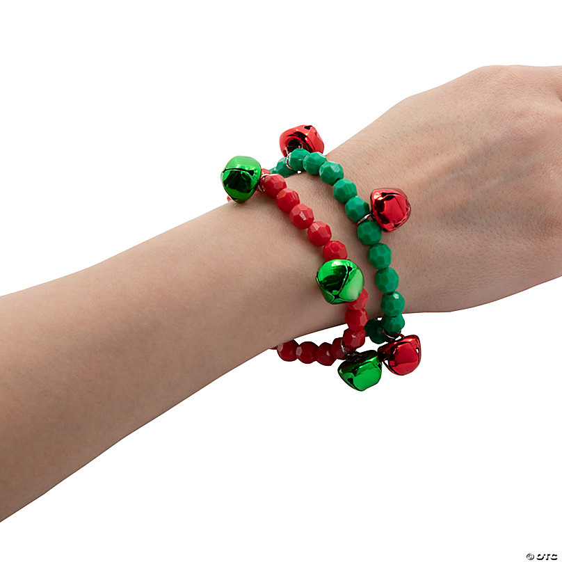 Jingle Bell Bracelet with red, green and silver seed beads. Gold flower  button clasp