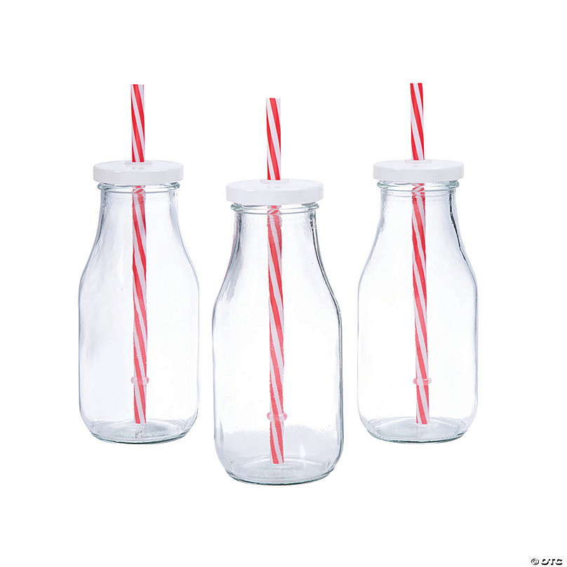 Set of 4 Glass Milk Bottles Lids Straws Wooden Crate Boxed Party Shots Cocktails 