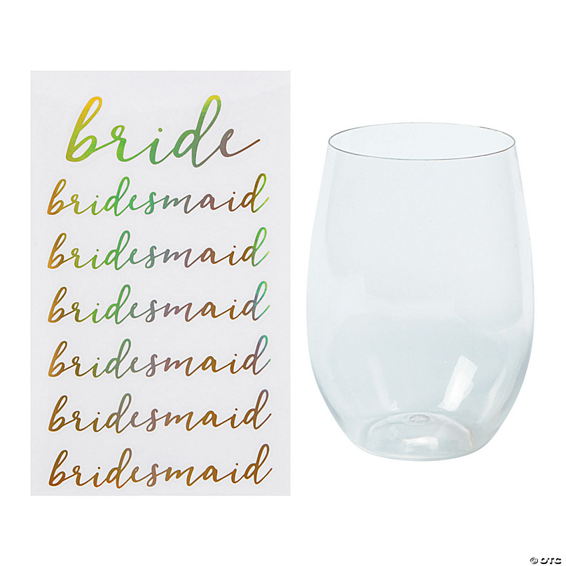 Clear Stemless Wine Glasses with Bridal Party Stickers - 26 Pc.