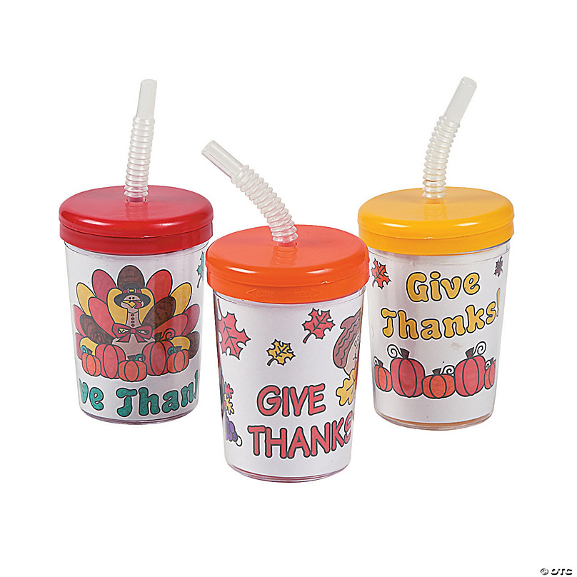 Color Your Own Give Thanks BPA-Free Plastic Cups with Lids & Straws - 12  Ct.
