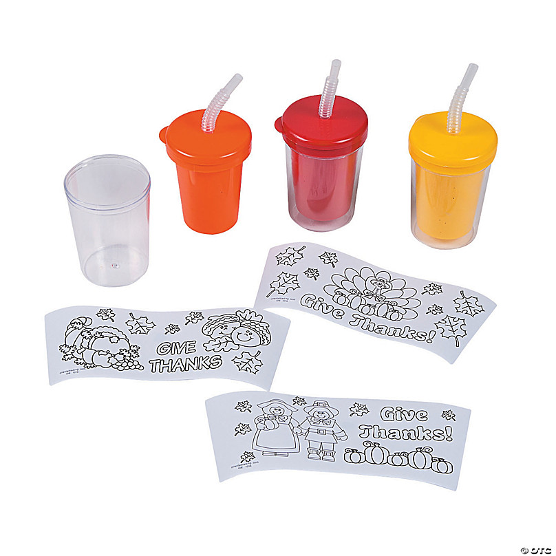 Color Your Own Give Thanks BPA-Free Plastic Cups with Lids & Straws - 12  Ct.