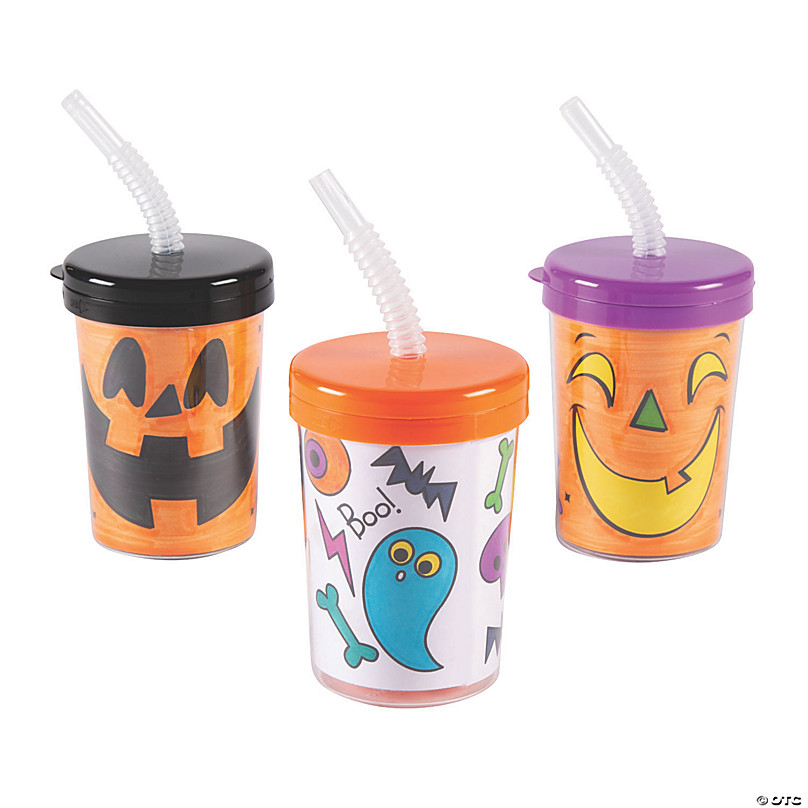 Color Your Own Halloween Jack-O’-Lantern BPA-Free Plastic Cups with Lids &  Straws - 12 Ct.