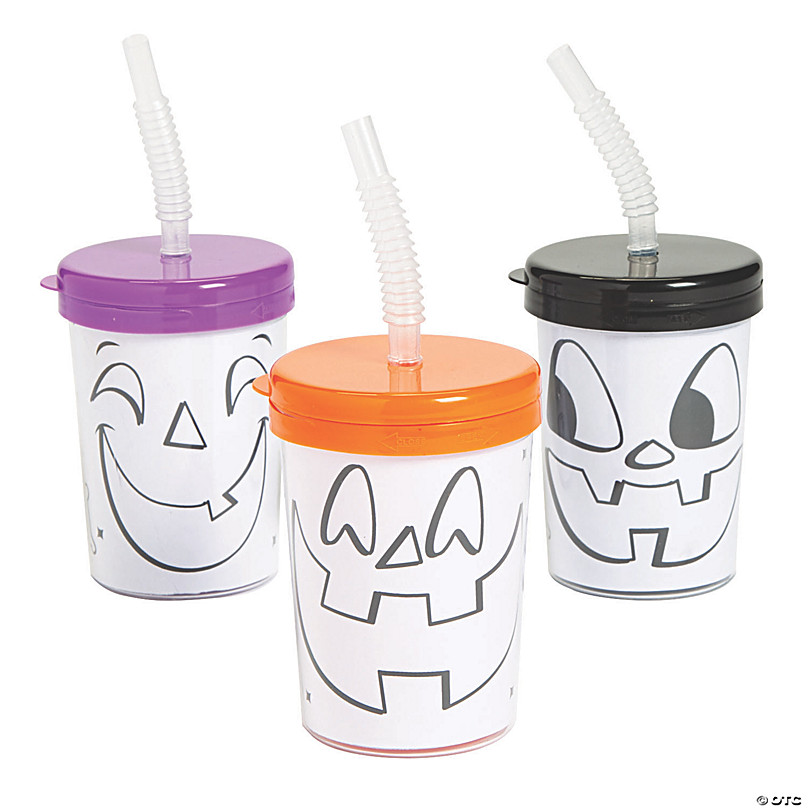 Color Your Own Halloween Jack-O’-Lantern BPA-Free Plastic Cups with Lids &  Straws - 12 Ct.