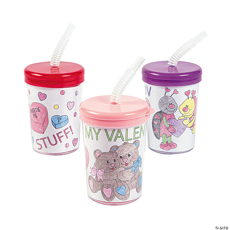 Color Your Own Valentine BPA-Free Plastic Cups with Lids & Straws