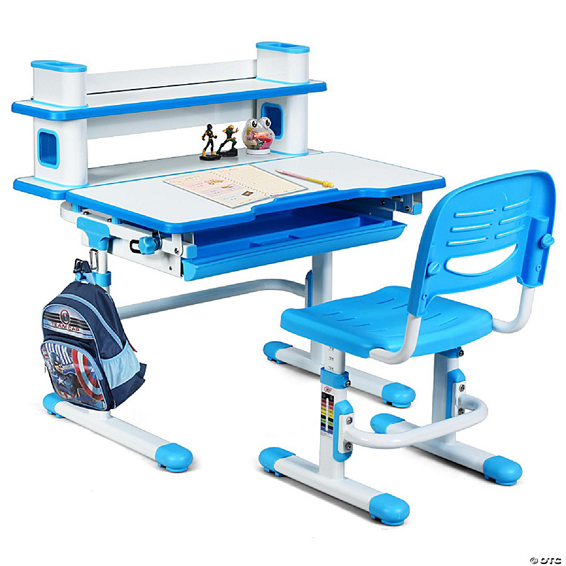 Costway Kids Writing Desk Student Study Table Height Adjustable w/Tilt  Desktop Blue