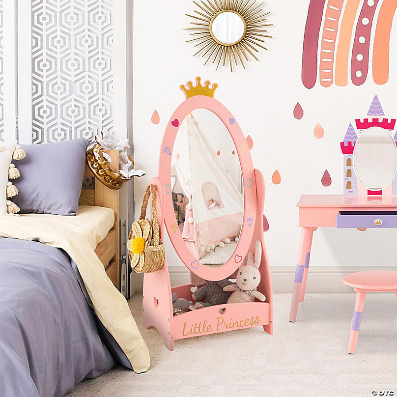 Costway Kids Full Length Mirror Free-Standing 360° Dressing Wooden Princess  Storage Pink