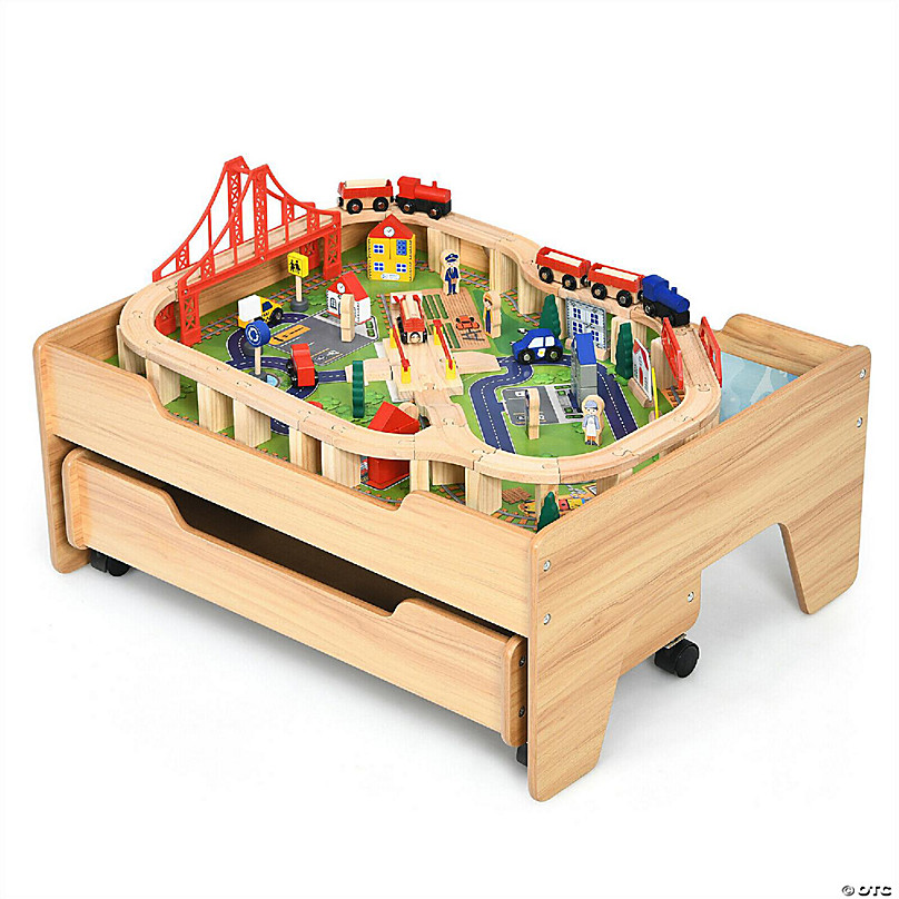 Costway Wooden Kids Train Track Railway Set Table w/100 Pieces