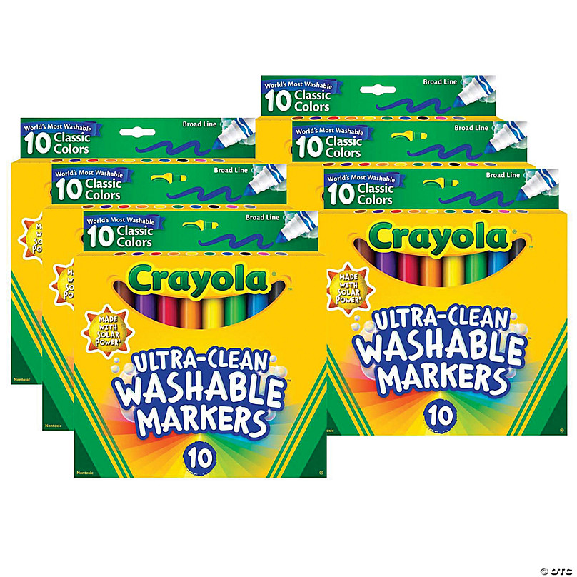 Crayola Ultra-Clean Markers, Broad Line, Classic Colors, 10 Per Pack, 6  Packs