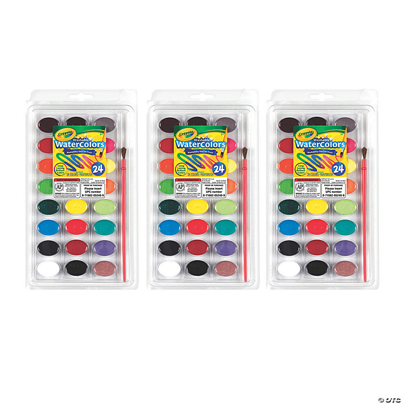 Crayola Washable Watercolor Pans with Plastic Handled Brush, 24 Colors, 3  Sets