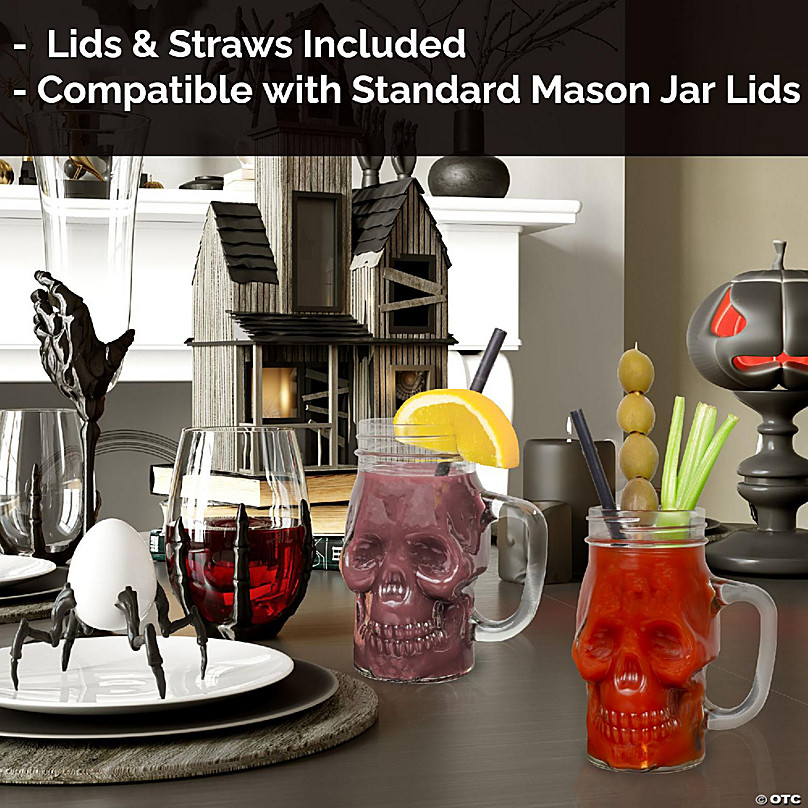 Darware Skull Mason Jar Mugs (Set of 4); Clear 12oz Glasses with Reusable  Straws