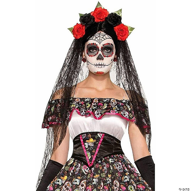 Ladies FISHNET SKULL TIGHTS Halloween Sugar Skull Roses Bones Adult Day of  Dead