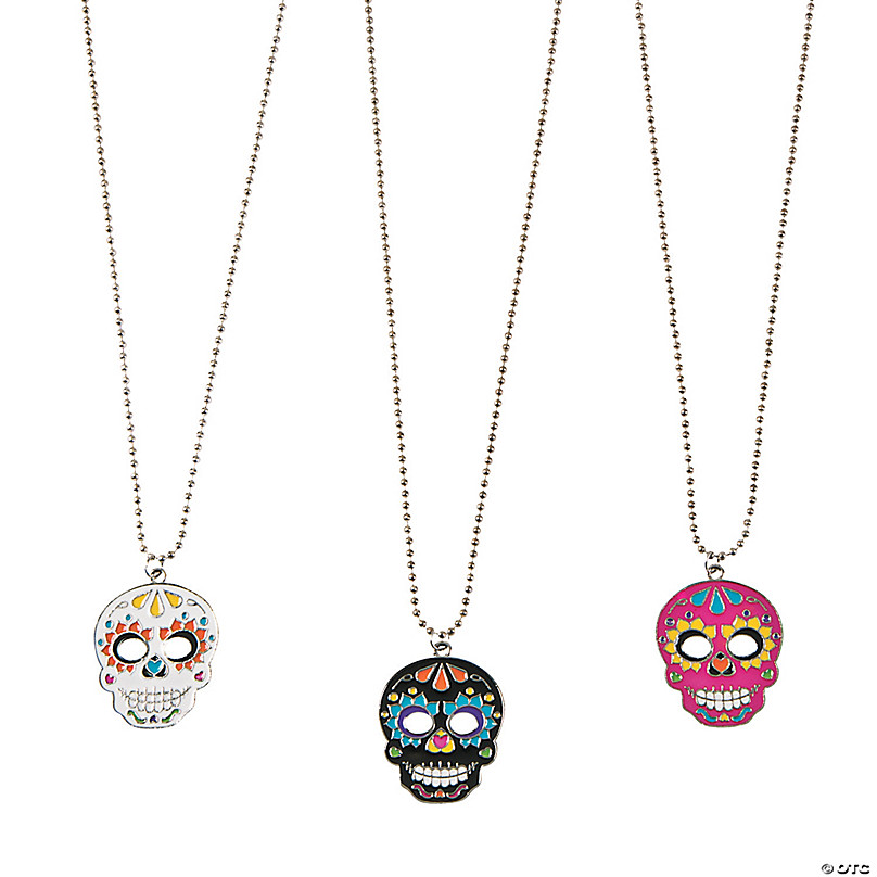 Day Of The Dead Necklace Sugar Skull Necklace Jewelry Halloween Fuchsia Hibiscus